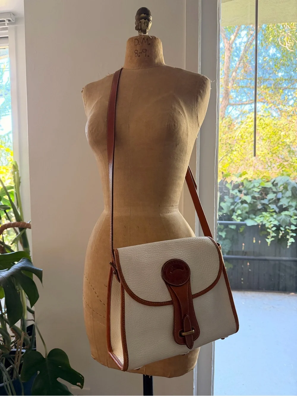 Vintage Dooney & Bourke Cream and Tan Leather-Trim Crossbody Shoulder Bag